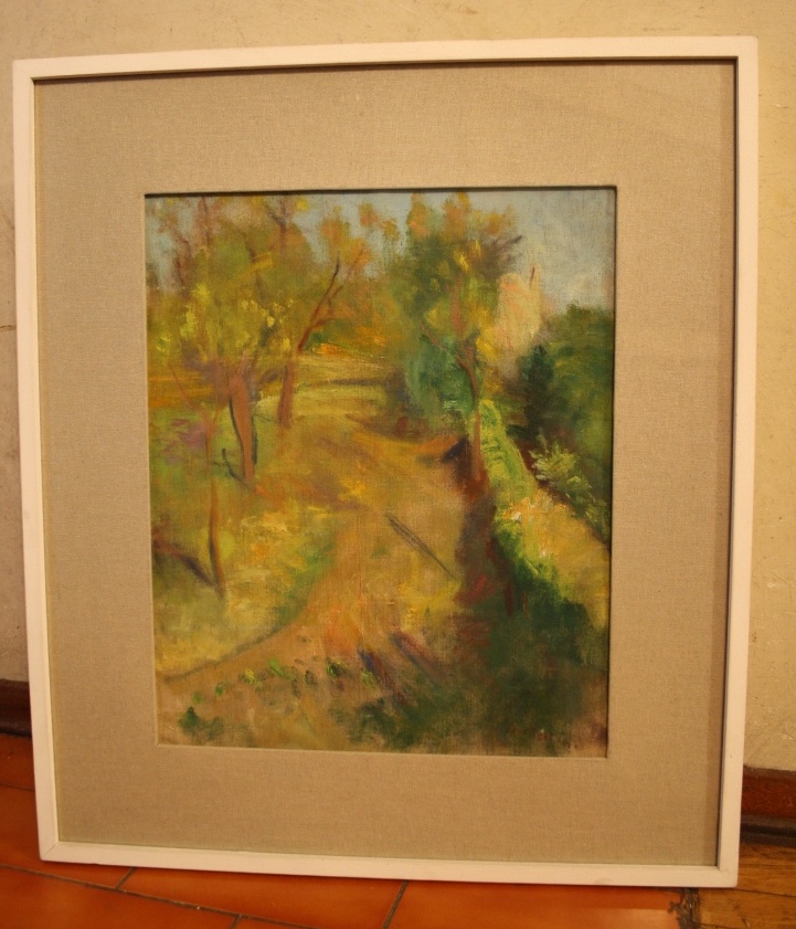 Strada con alberi e muretto, paesaggio (dipinto) di Marini Oreste (XX)