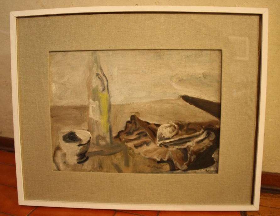 Scodella bottiglia, natura morta (dipinto) di Marini Oreste (XX)