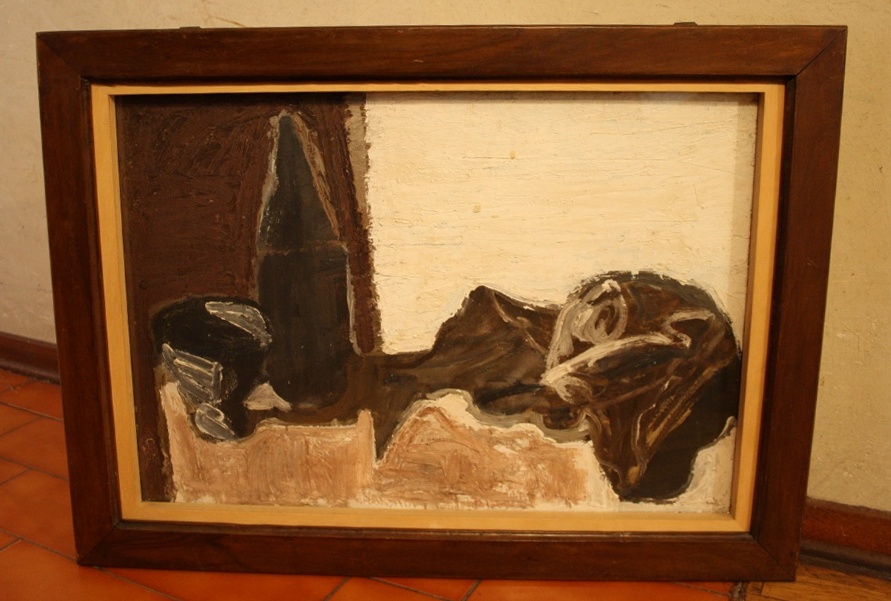 Scodella bottiglia conchiglie, natura morta (dipinto) di Marini Oreste (XX)