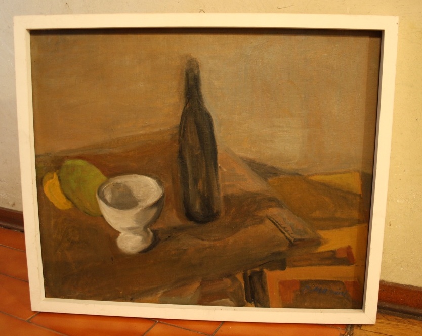 Scodella bottiglia, natura morta (dipinto) di Marini Oreste (XX)