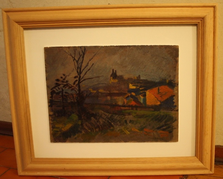 Veduta di Castiglione all'imbrunire, paesaggio (dipinto) di Marini Oreste (XX)