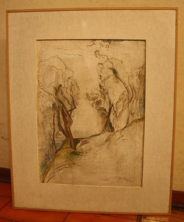 Ulivi sul lago, paesaggio (disegno) di Marini Oreste (XX)