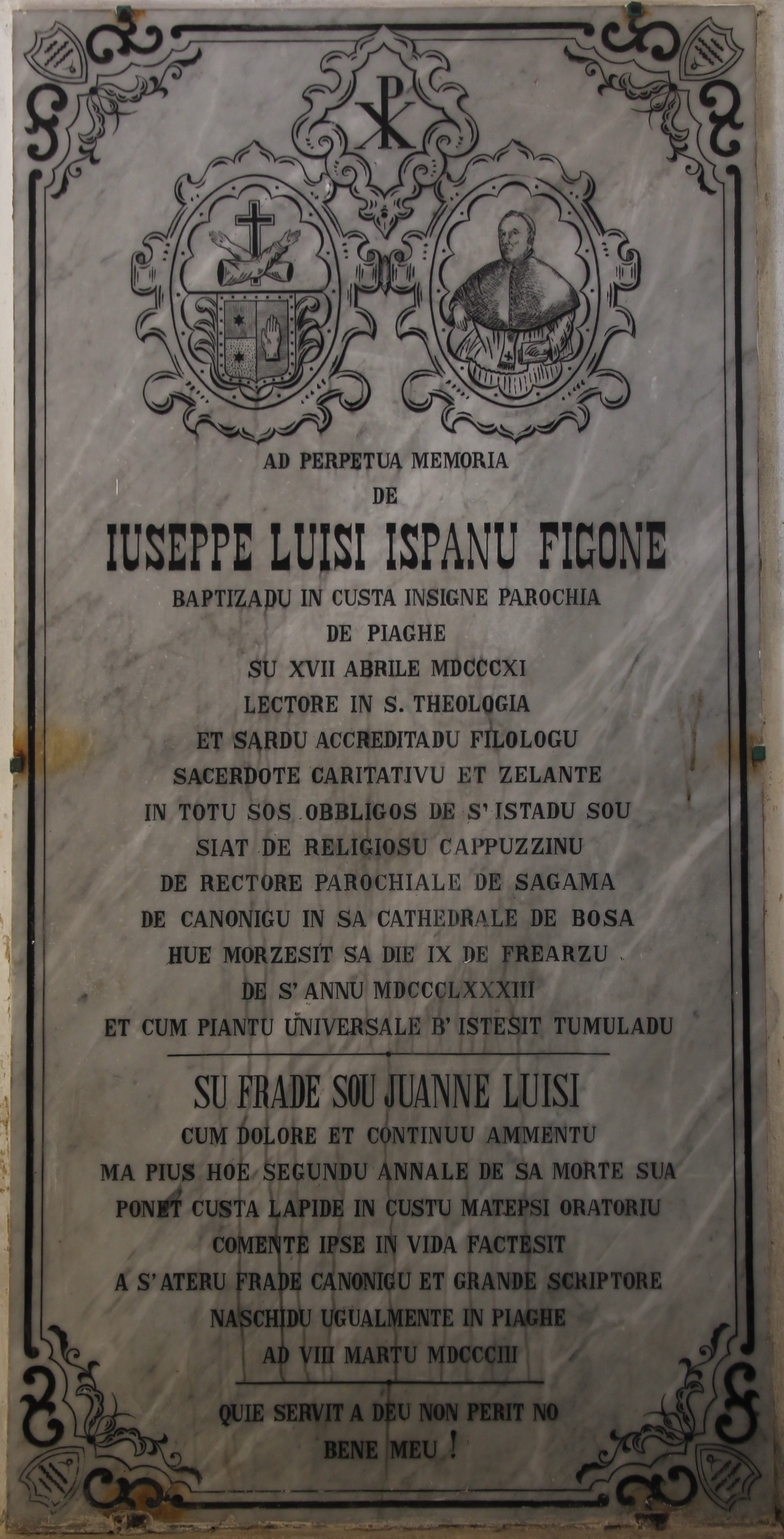Ritratto di Giuseppe Luigi Spano Figone (lapide commemorativa, opera isolata) - ambito sardo (terzo quarto XIX)