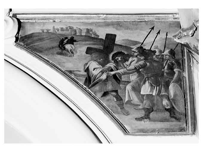 stazione V: Gesù aiutato da Simone il Cireneo a portare la croce (dipinto) - bottega pugliese (fine/ inizio secc. XVIII/ XIX)