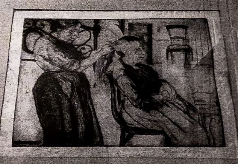 La pettinatrice, figura femminile (stampa) di Checchi Arturo (attribuito) (sec. XX)