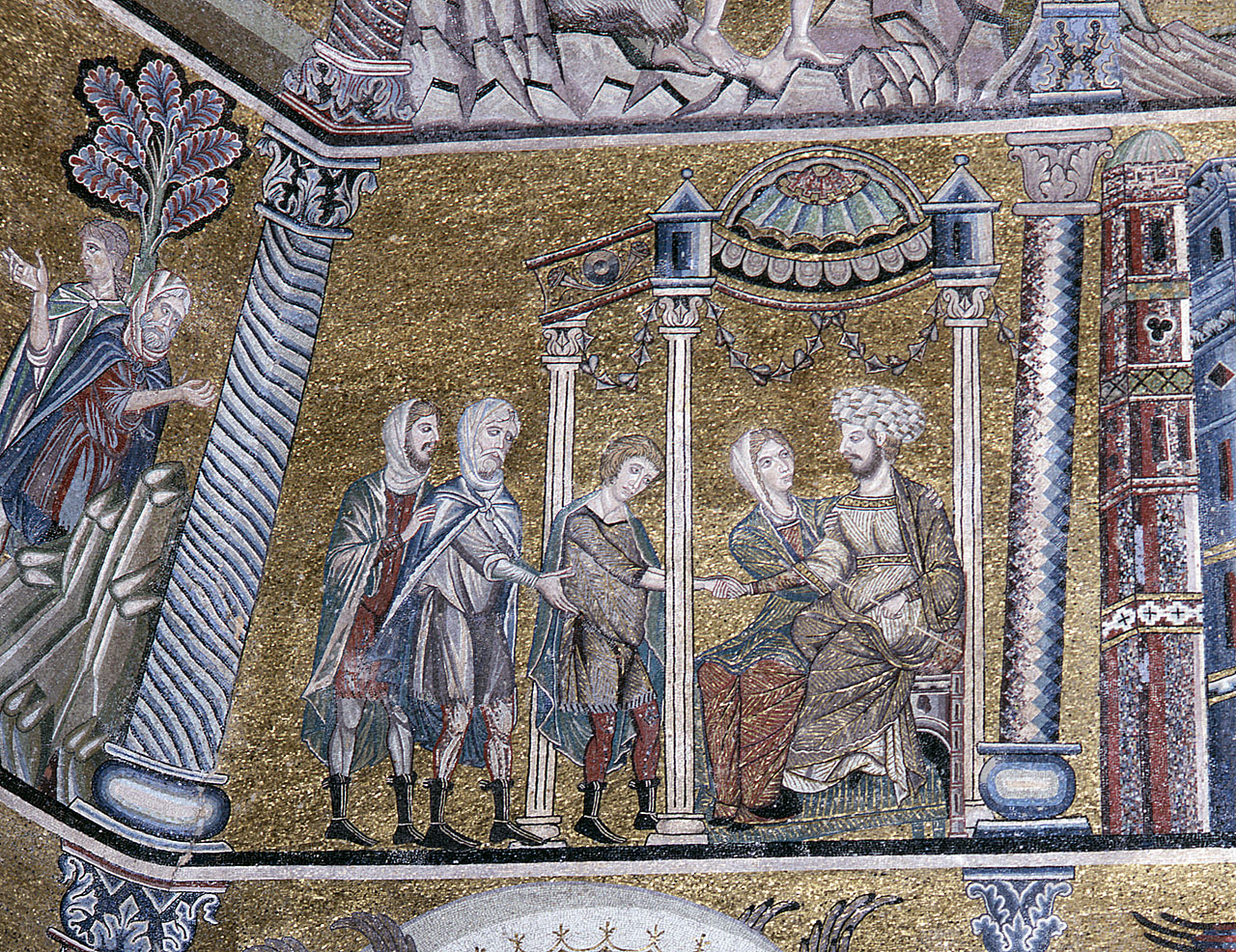 Putifarre acquista Giuseppe dai mercanti ismaeliti (decorazione musiva) di Maestro della Maddalena (cerchia) (fine sec. XIII)