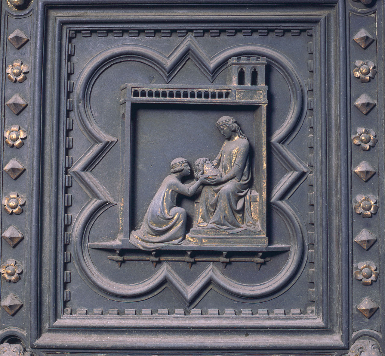 Salome consegna la testa di San Giovanni Battista a Erodiade (formella) di Andrea Pisano, Piero di Donato, Piero di Jacopo, Dini Lippo (sec. XIV)