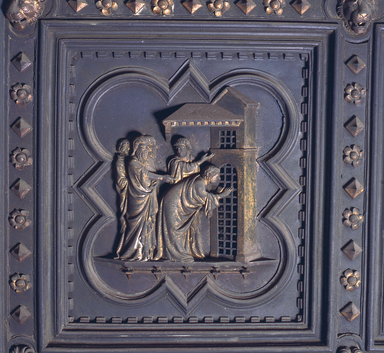 San Giovanni Battista in prigione visitato dai discepoli (formella) di Andrea Pisano, Piero di Donato, Piero di Jacopo, Dini Lippo (sec. XIV)