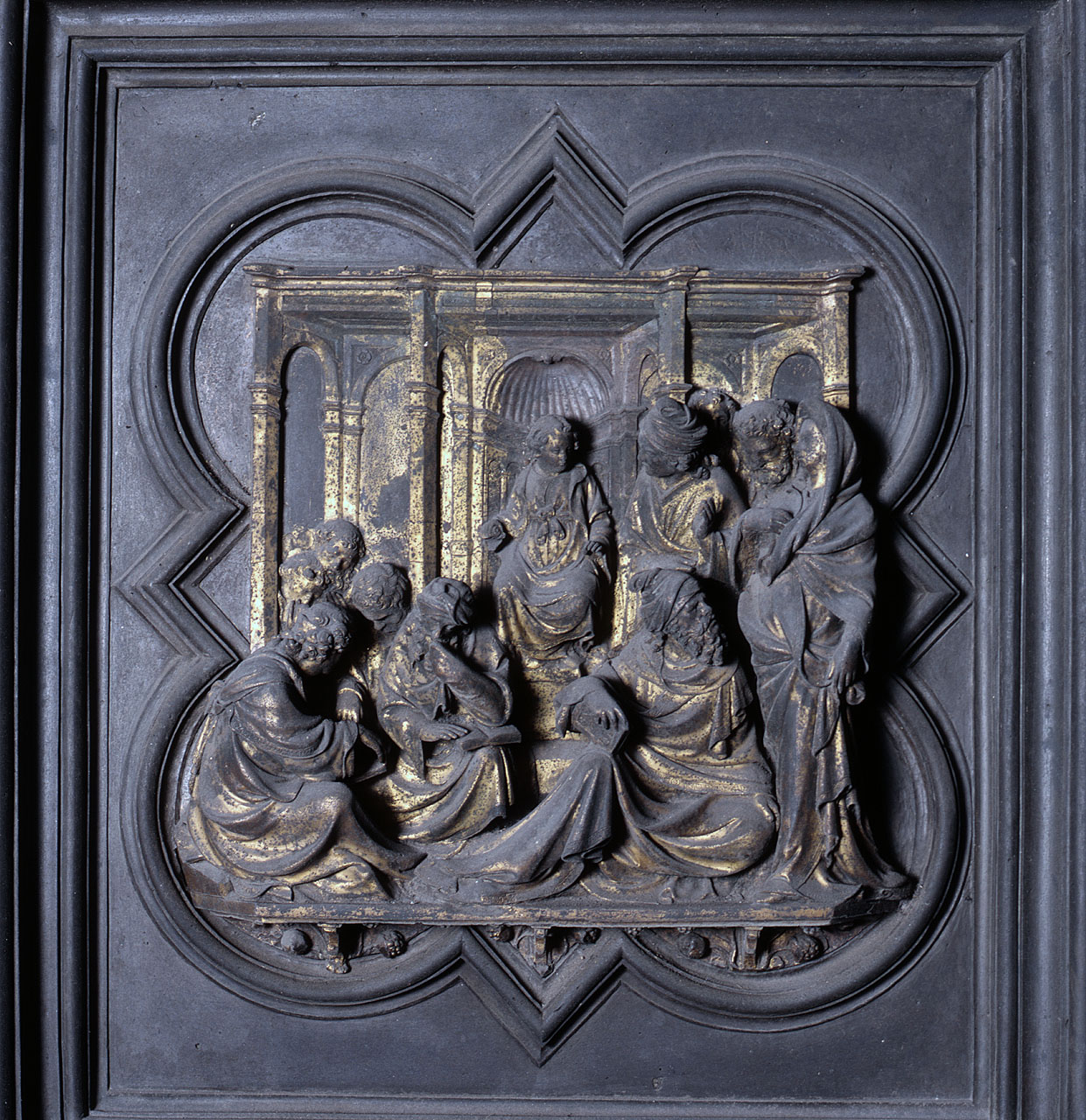 disputa di Gesù con i dottori nel tempio (formella) di Ghiberti Lorenzo (sec. XV)