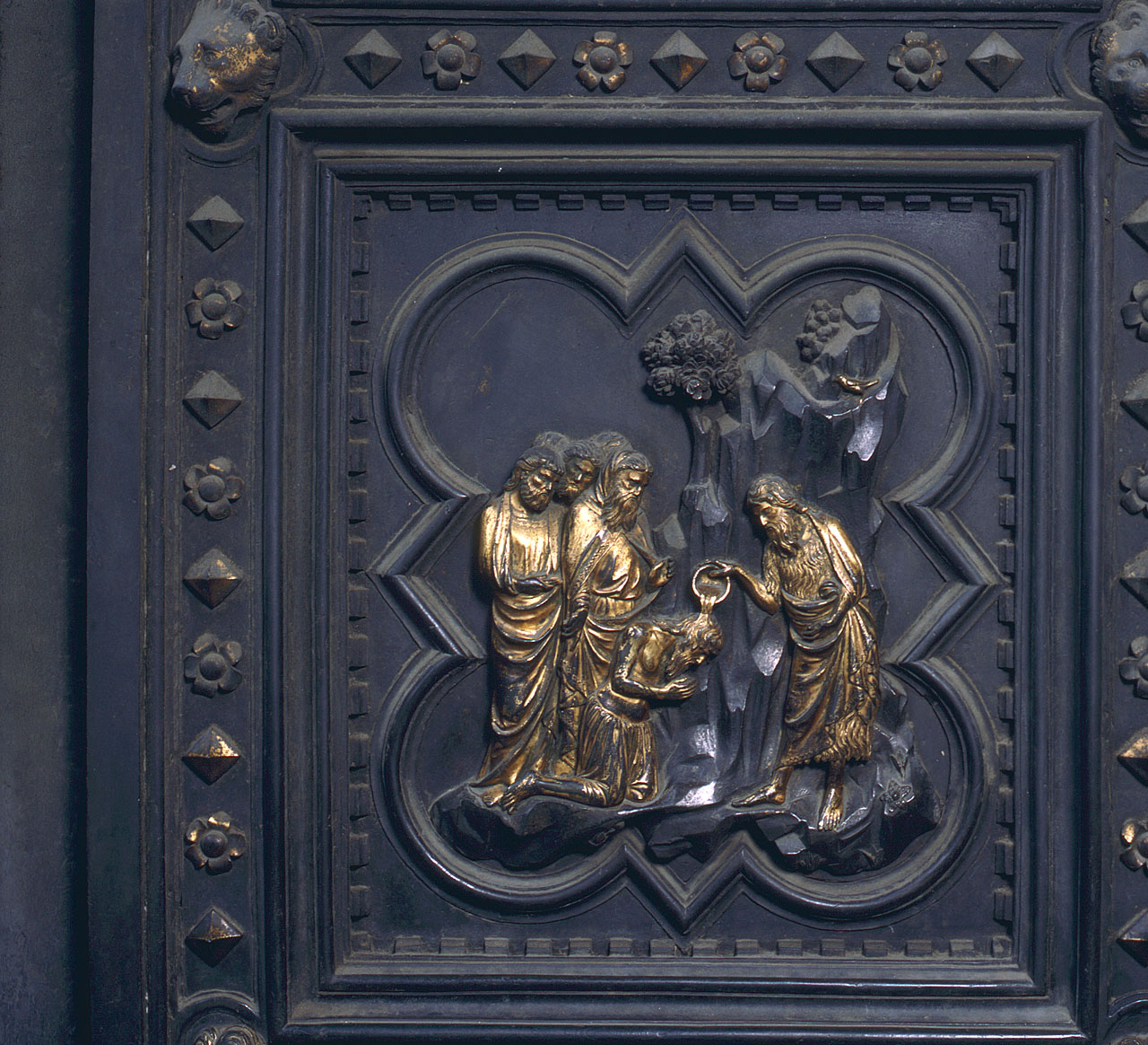 San Giovanni Battista battezza le folle (formella) di Andrea Pisano, Piero di Donato, Piero di Jacopo, Dini Lippo (sec. XIV)