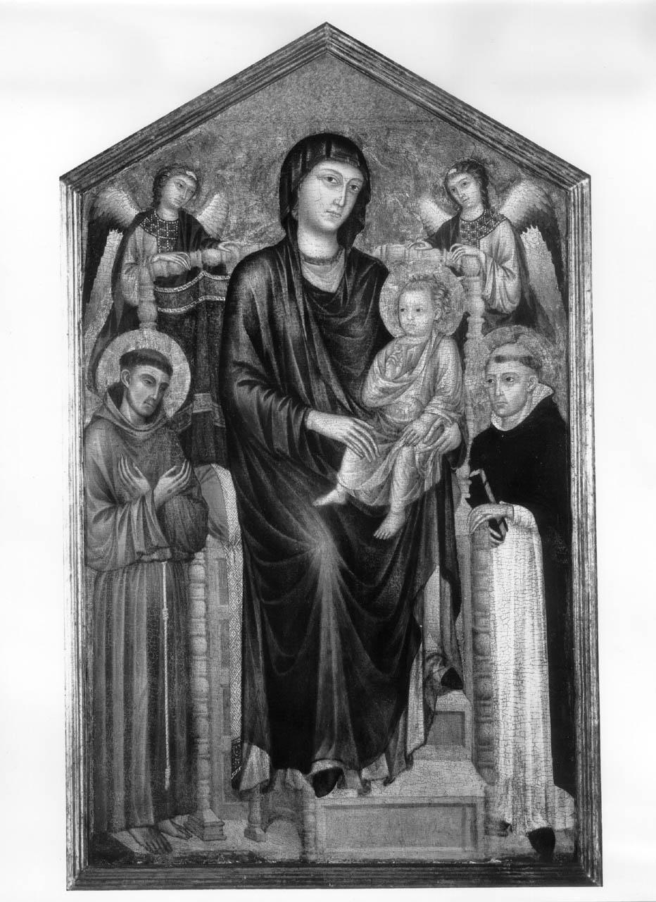 Madonna con Bambino in trono tra San Francesco d'Assisi, San Domenico e angeli (dipinto) di Maestro della Cappella Velluti (sec. XIV)