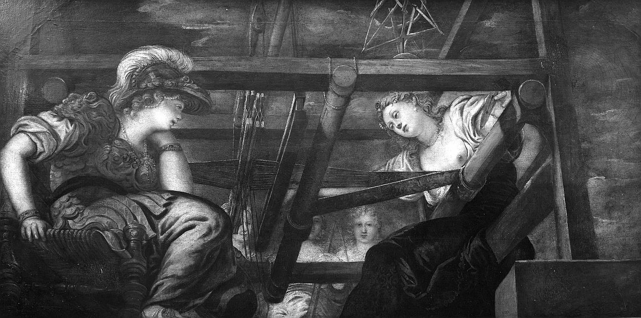 Aracne sfida Minerva in una gara di tessitura (dipinto) di Robusti Jacopo detto Tintoretto (sec. XVI)
