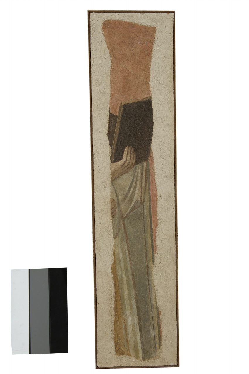 particolare di religioso che sostiene un libro (dipinto murale staccato, frammento) di Bianchi Gaetano (sec. XIX)