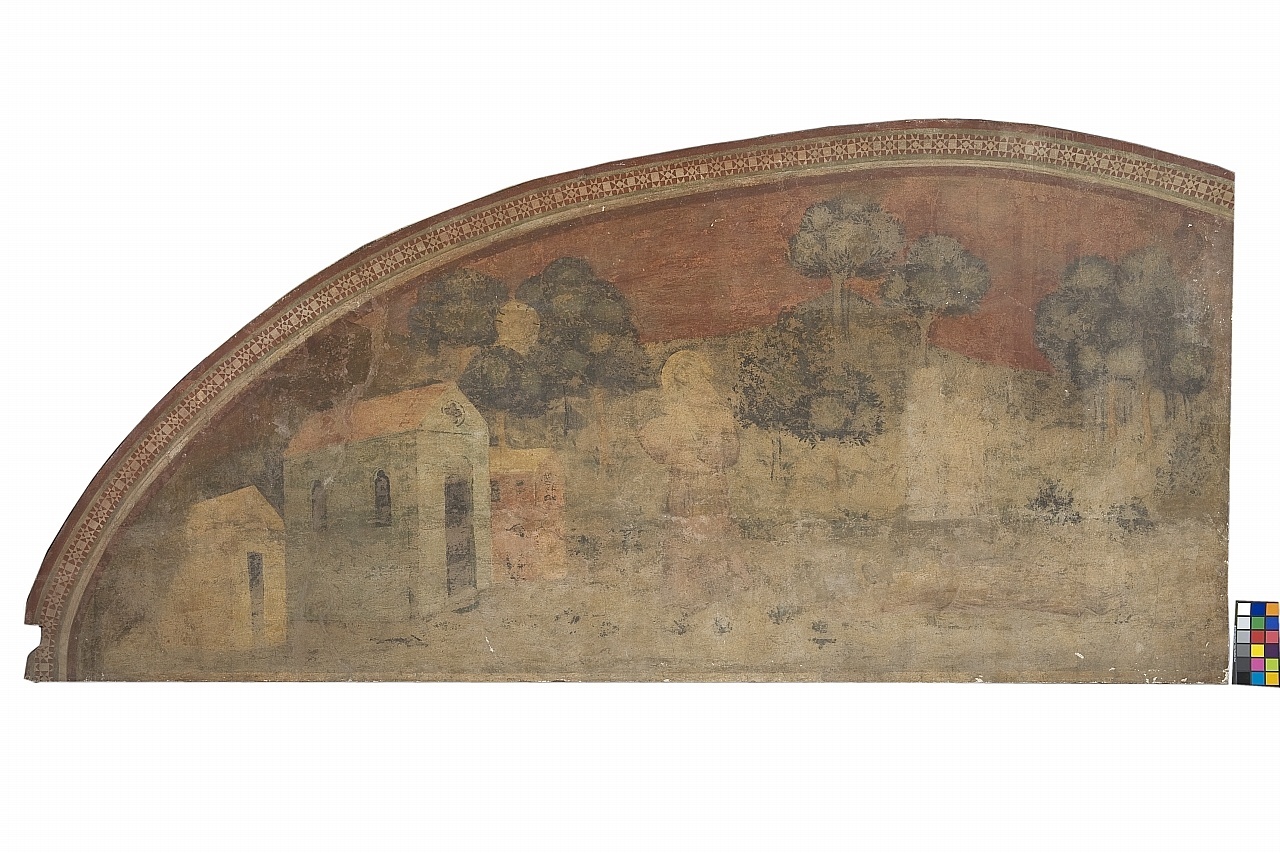 Dio ammonisce Francesco e Francesco chiede a San Bernardo di punirlo (lunetta, frammento) di Nelli Pietro (attribuito) (sec. XIV)