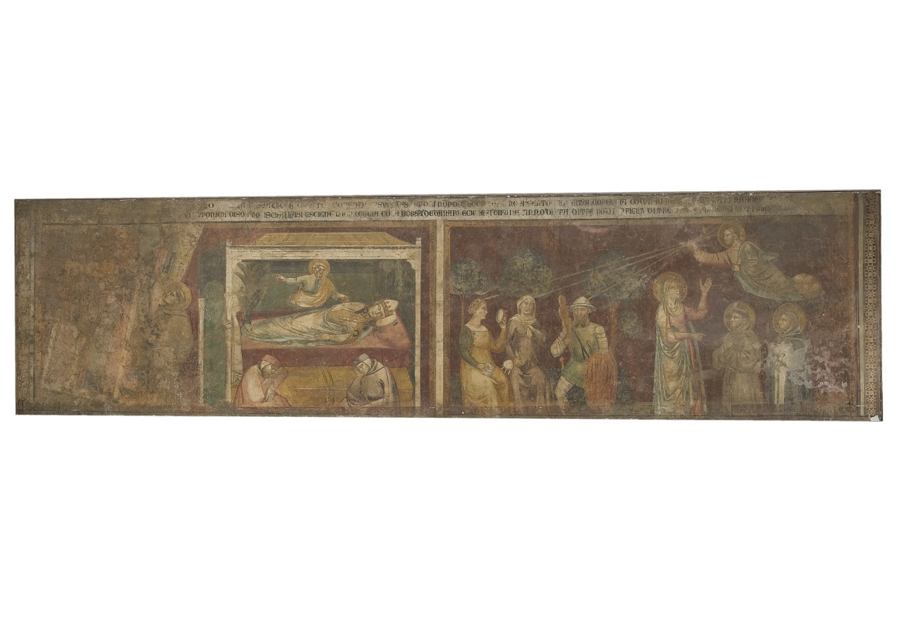 papa Innocenzo III vede in sogno San Francesco d'Assisi sostenere la basilica Lateranense/ papa Innocenzo III ha la visione della palma/ San Domenico ha la visione di Cristo che brandisce tre frecce (dipinto murale staccato) di Nelli Pietro (attribuito) (sec. XIV)