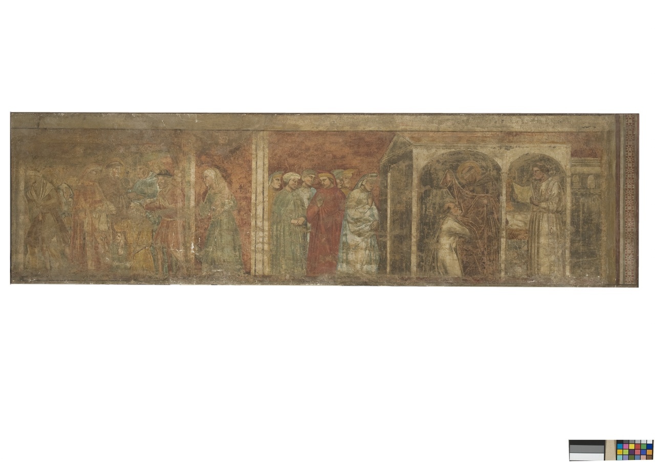 Bernardo di Quintavalle distribuisce i propri beni ai poveri/ vestizione di Bernardo di Quintavalle (dipinto murale staccato) di Nelli Pietro (attribuito) (sec. XIV)