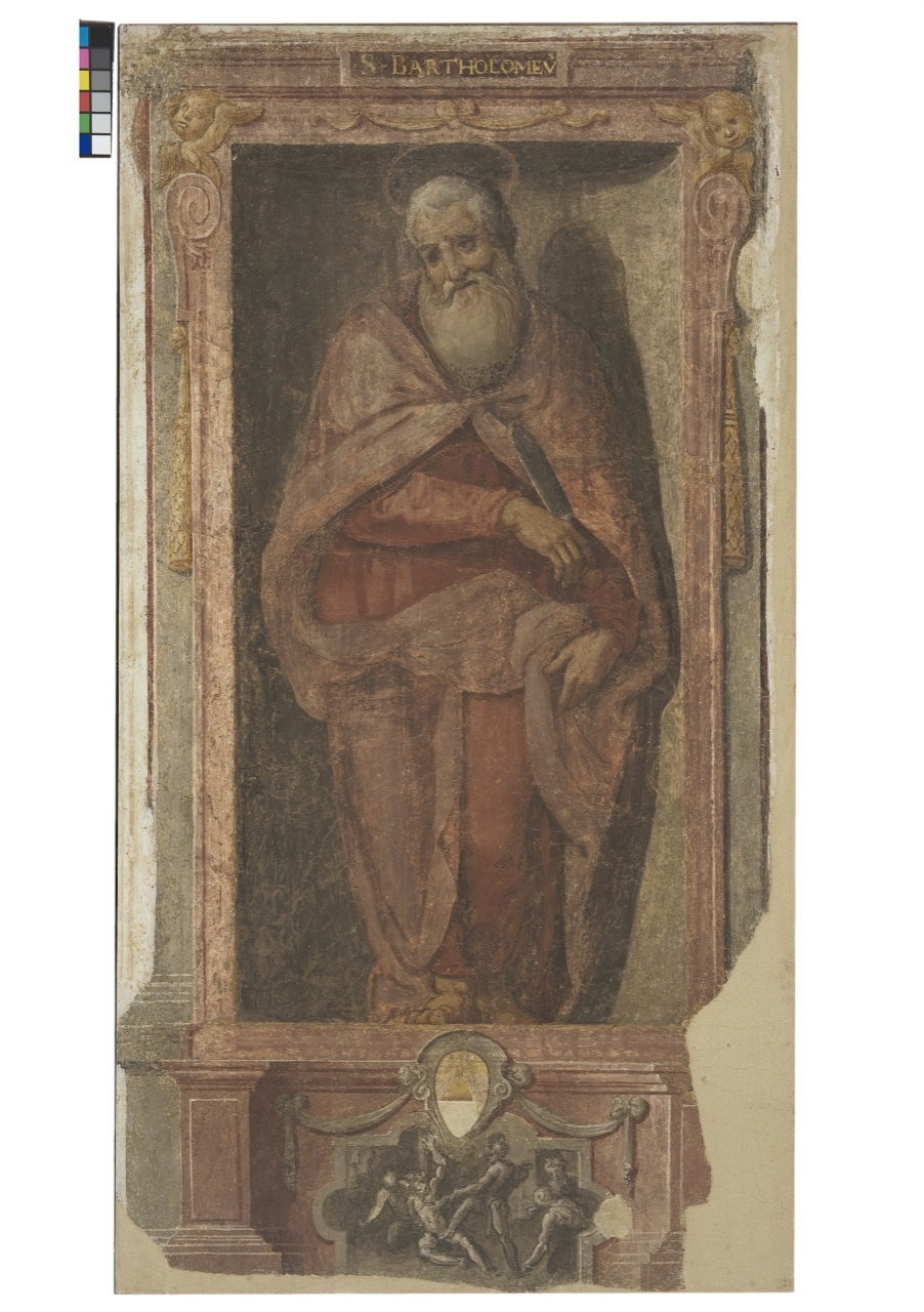San Bartolomeo/ San Bartolomeo è scorticato vivo (dipinto murale staccato) di Monaldi Bernardino (cerchia) (sec. XVII)