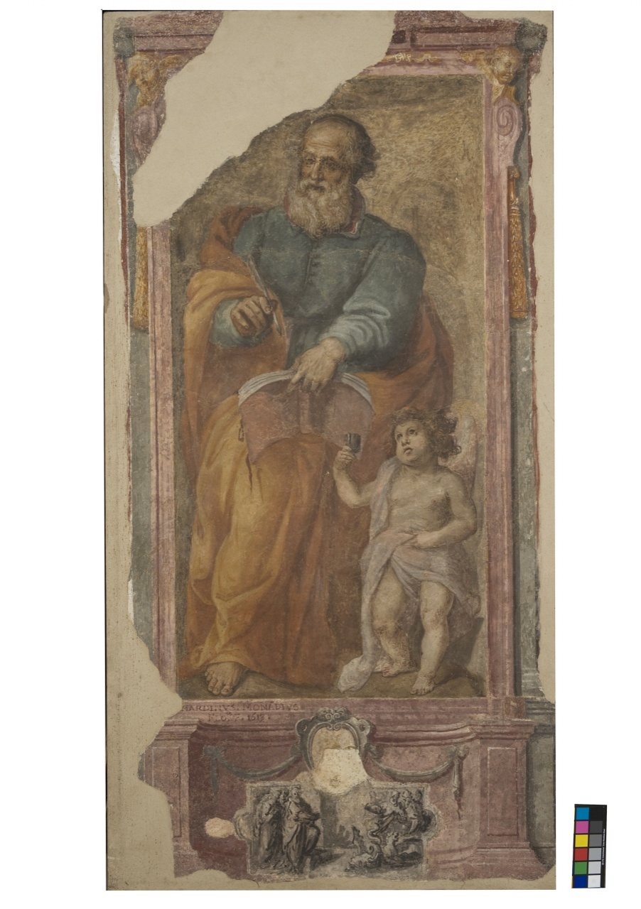San Matteo e l'angelo (dipinto murale staccato) di Monaldi Bernardino (sec. XVII)