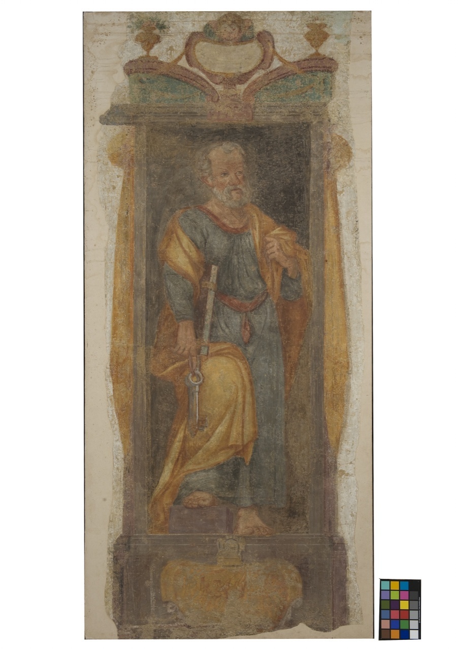 San Pietro Apostolo/ crocifissione di San Pietro (dipinto murale staccato) di Monaldi Bernardino (cerchia) (sec. XVII)