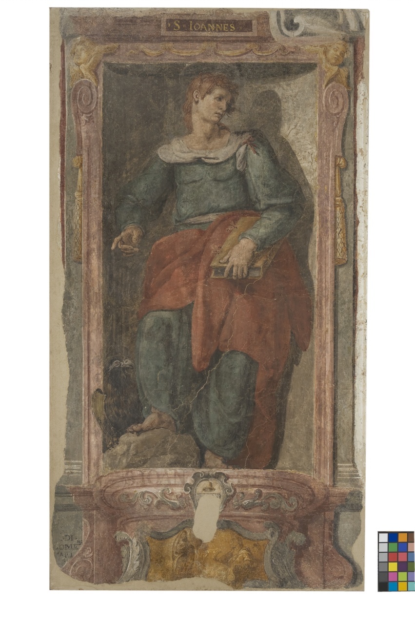 San Giovanni Evangelista (dipinto murale staccato) di Monaldi Bernardino (cerchia) (sec. XVII)