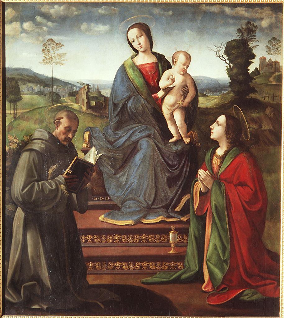 Madonna con Bambino, San Bernardino da Siena e Santa Maria Maddalena (dipinto) di Bigordi Ridolfo detto Ridolfo Ghirlandaio (inizio sec. XVI)