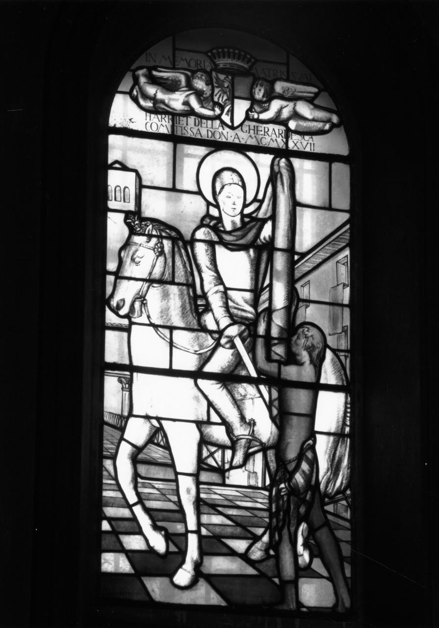 San Martino dona parte del mantello al povero (vetrata) di Andreotti Libero (sec. XX)