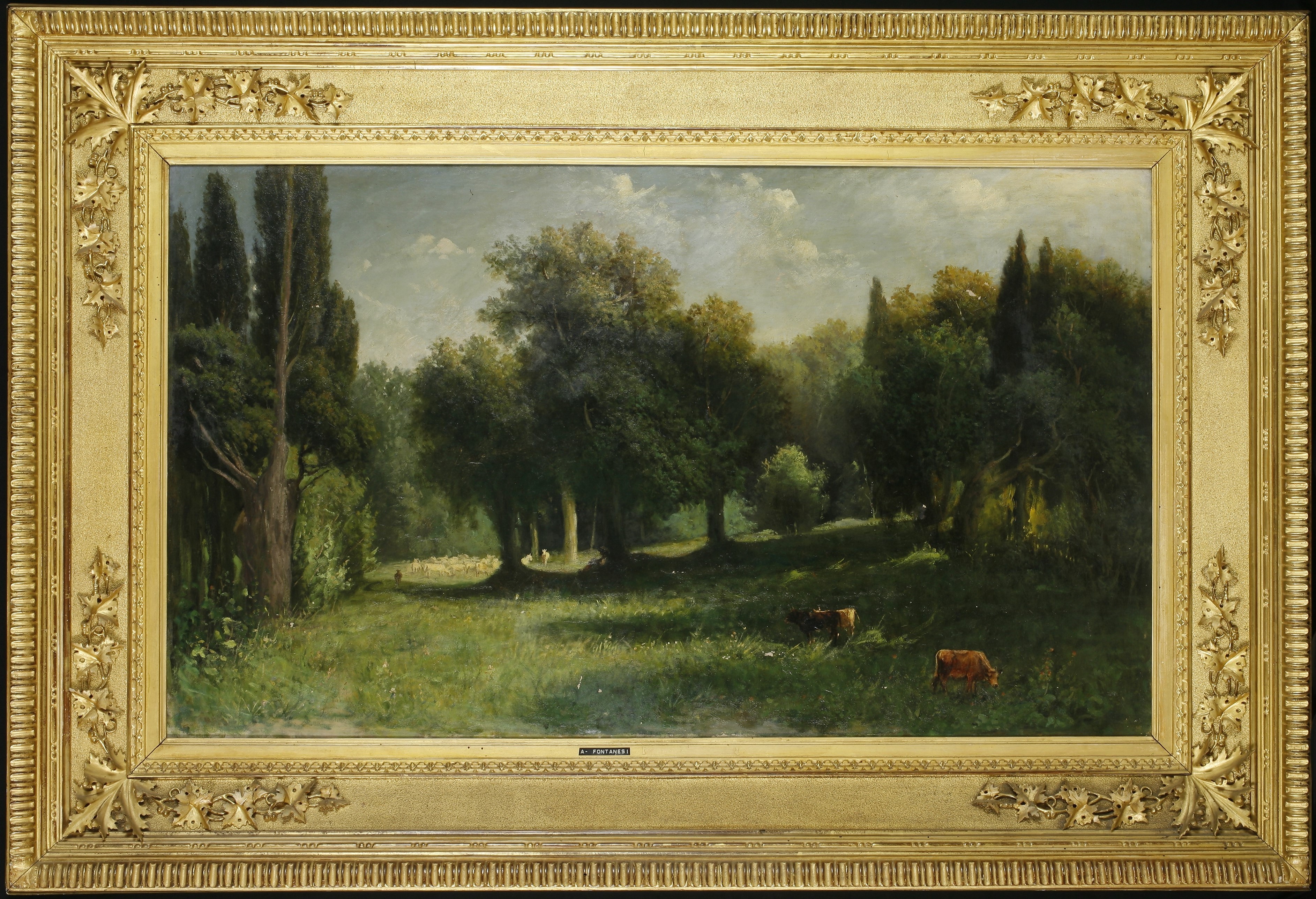 Animali al pascolo, Paesaggio bucolico con animali (dipinto, opera isolata) di Fontanesi Antonio - ambito italiano (seconda metà XIX)