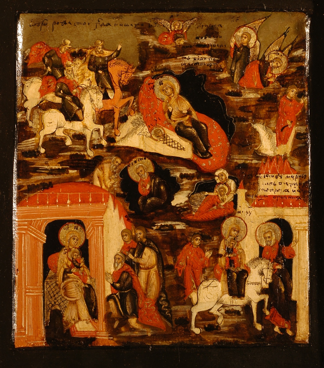 Natale di Cristo, natività di Gesù/ viaggio dei Re Magi/ adorazione dei Re Magi/ fuga in Egitto (icona) - ambito moscovita (secondo quarto sec. XVIII)