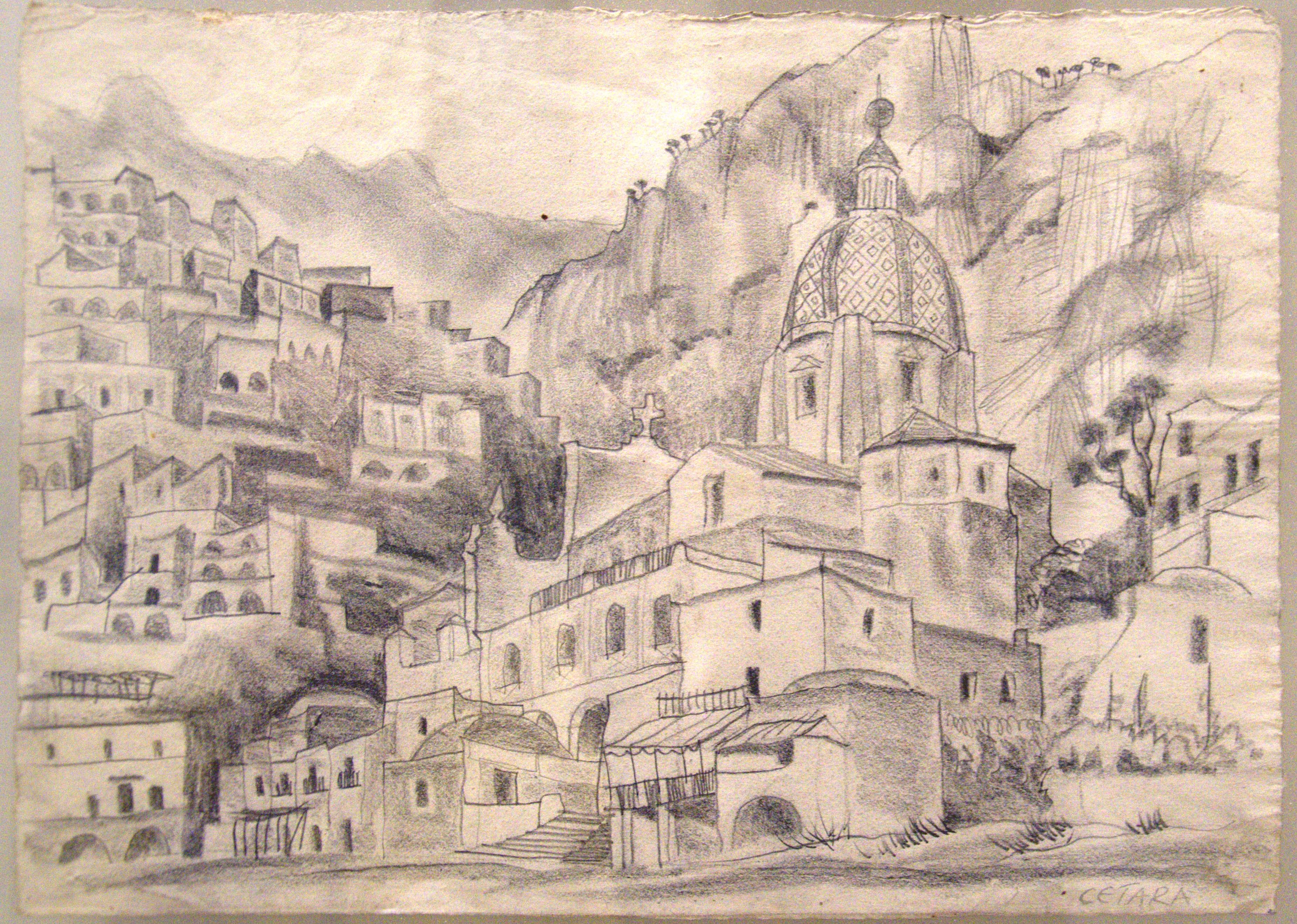 Vista della marina di Positano con la chiesa madre, Vista della marina di Positano con la chiesa madre (dipinto) di Richard Dölker - ambito amalfitano (prima metà XX)