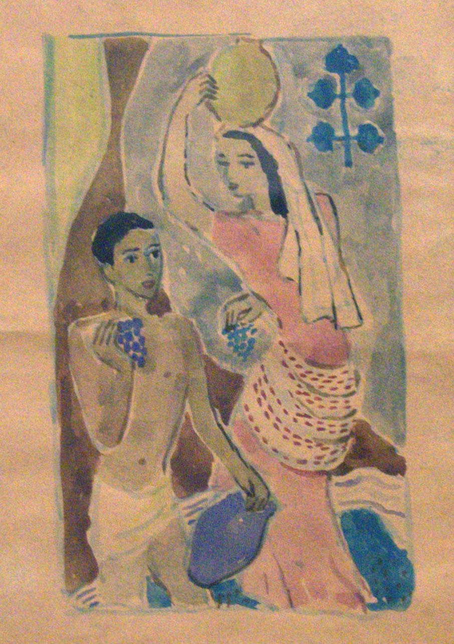 Donna e giovane con anfore e grappoli d'uva, Donna e giovane con anfore e grappoli d'uva (dipinto) di Lisel Oppel - ambito amalfitano (prima metà XX)