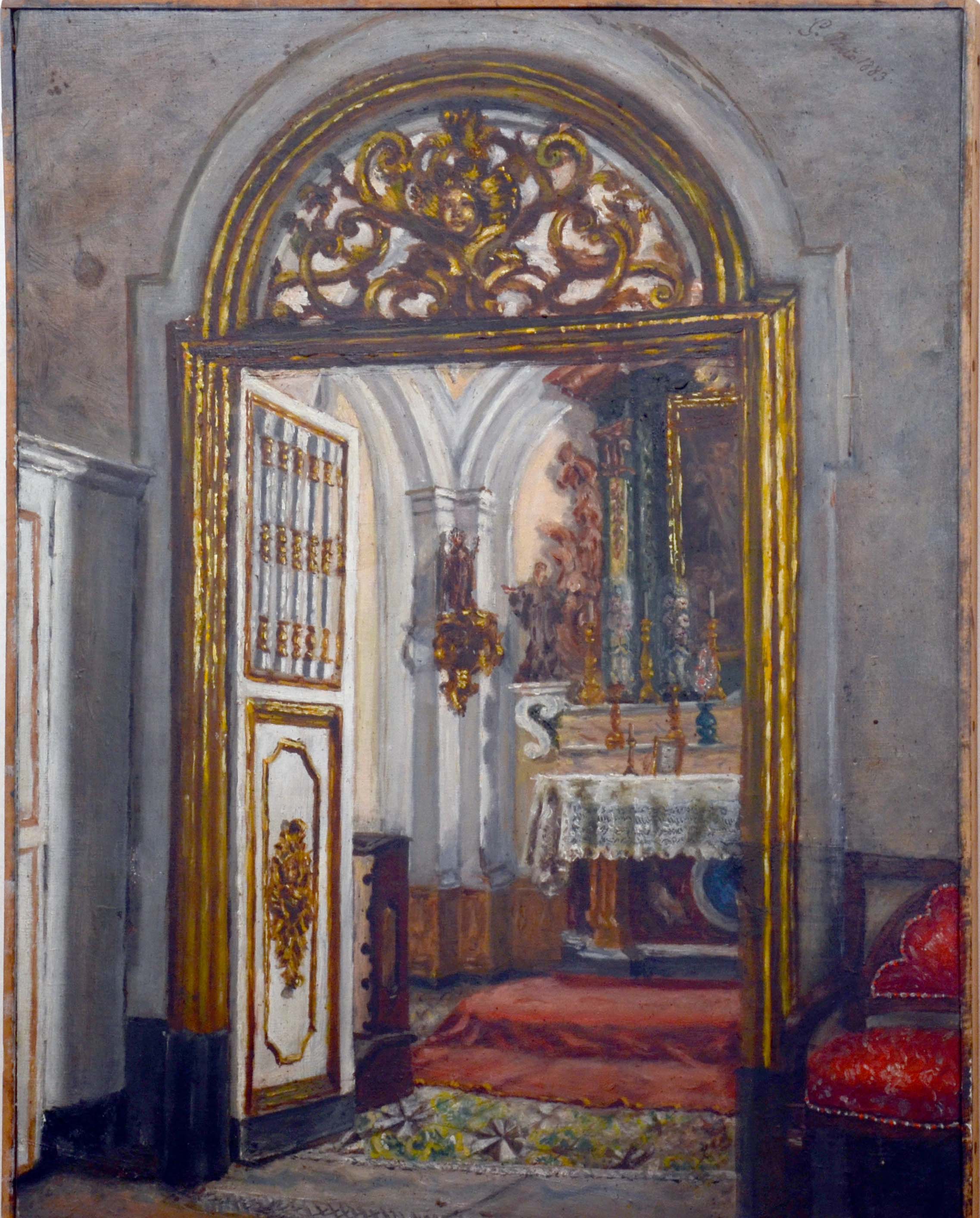 interno di Palazzo ingresso della cappella al secondo piano, interno di Palazzo ingresso della cappella al secondo piano (dipinto) di Tafuri Raffaele - ambito salernitano (seconda metà XIX)