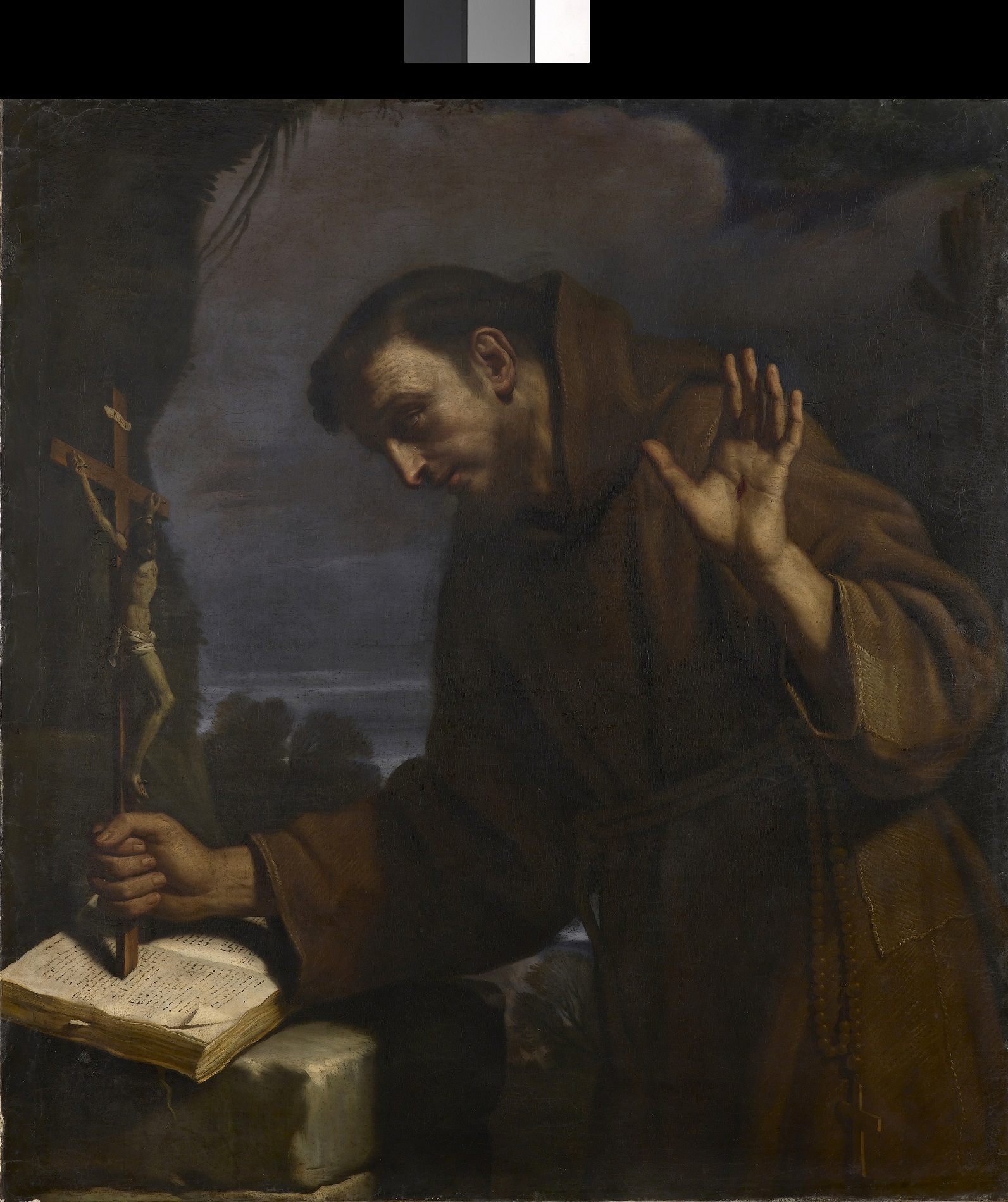 San Francesco in preghiera davanti al crocifisso (dipinto, opera isolata) di Barbieri Giovan Francesco detto Guercino (sec. XVII)