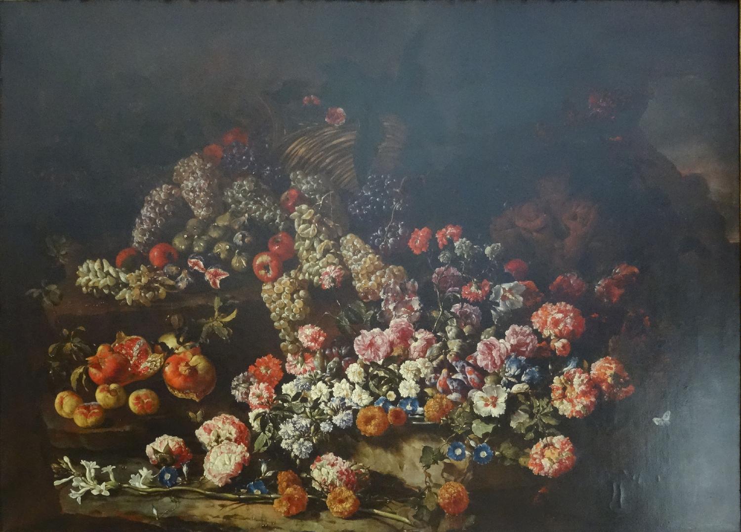 Natura morta con fiori, frutta e bassorilievo (dipinto, pendant) di Porpora Paolo (sec. XVII)