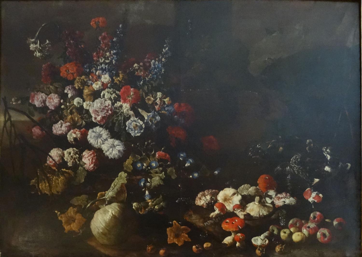 Natura morta con frutta, fiori, funghi e uccelli (dipinto, pendant) di Porpora Paolo (sec. XVII)