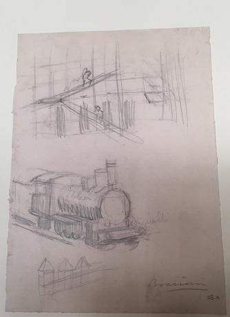 Studio con impalcature e locomotiva (disegno, opera isolata) di Boccioni Umberto (sec. XX)