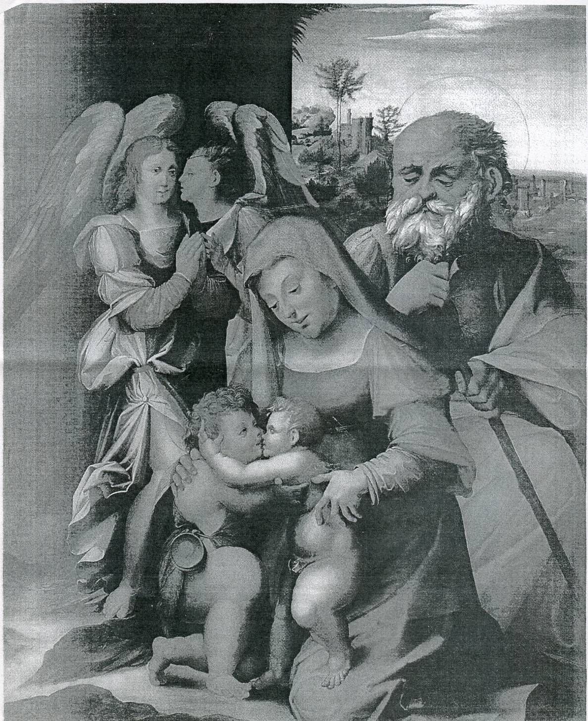 Sacra Famiglia con San Giovannino e angeli (dipinto, opera isolata) di Larciani Giovanni di Lorenzo (sec. XVI)