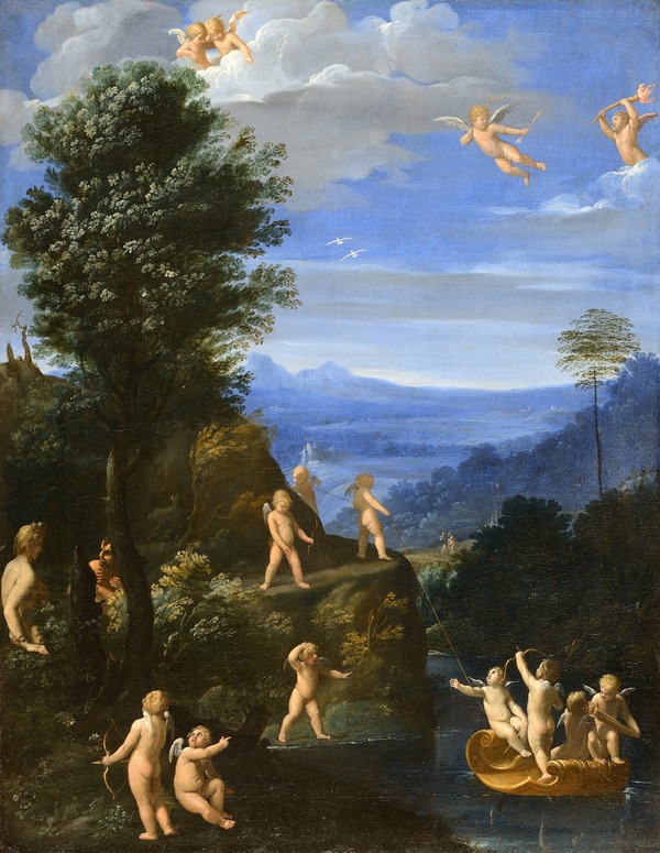 paesaggio con gioco di amorini, una ninfa e un satiro (dipinto, opera isolata) di Reni Guido (attribuito) (sec. XVII)