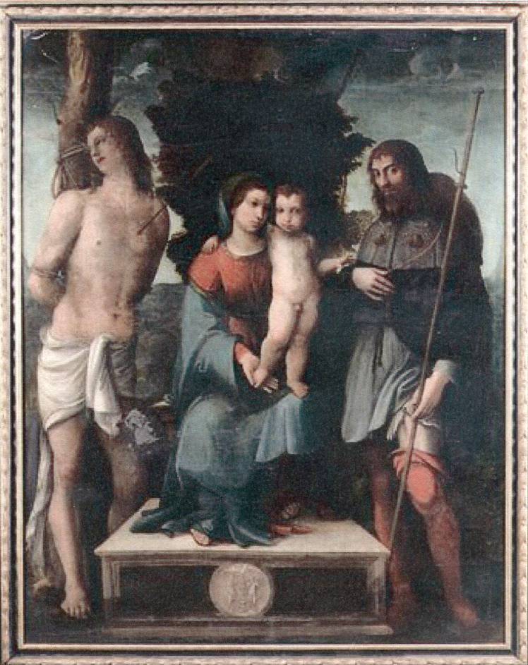 Madonna con Bambino e i Santi Sebastiano e Rocco (dipinto, opera isolata) di Tura Gian Francesco detto Tura Mantovano - ambito cremonese (sec. XVI)