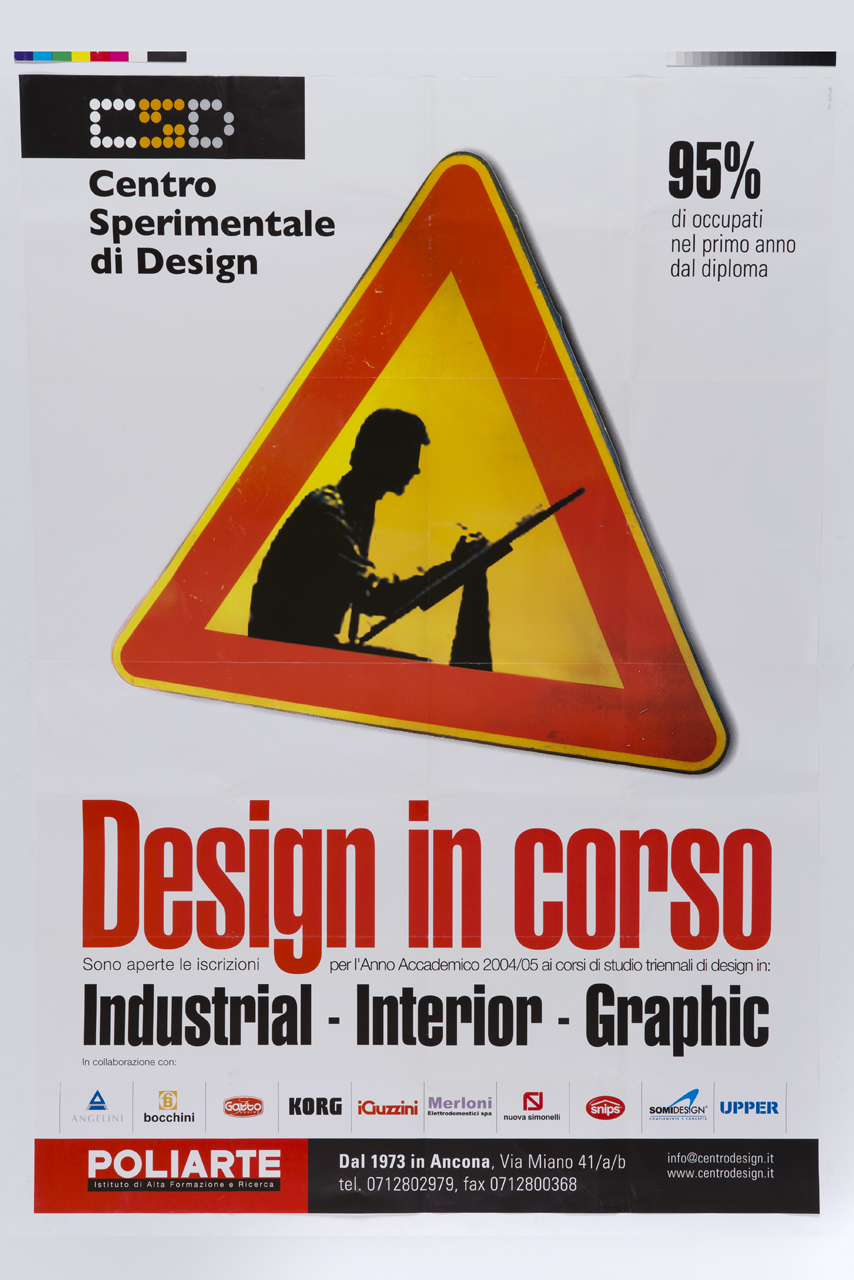 segnale stradale di pericolo con uomo che regge un fucile (manifesto) - ambito marchigiano (XXI)