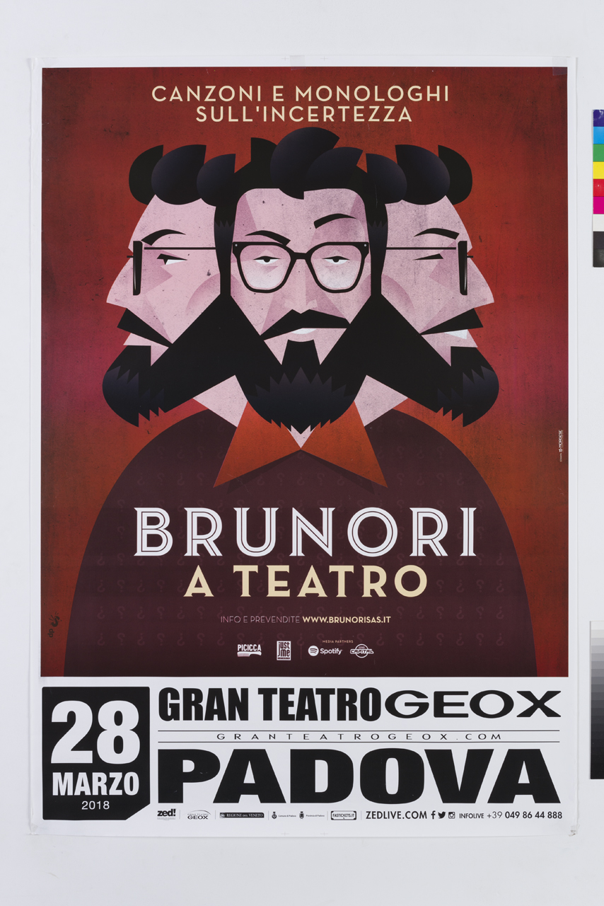 ritratto caricaturale di fronte e di profilo di Dario Brunori (manifesto) - ambito italiano (XXI)
