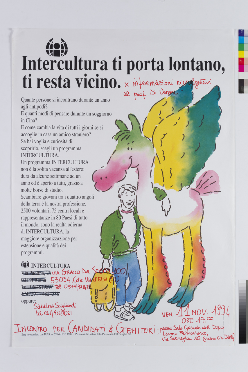 ragazzo con zaino abbraccia Pegaso (manifesto) di Tonna Gualtiero, Melani Daniele (XX)