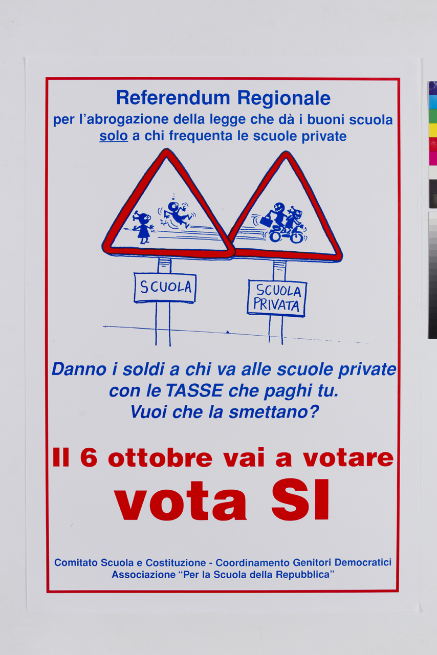 cartelli stradali di pericolo con scolari in motorino che scippano altri scolari (manifesto) - ambito veneto (XXI)