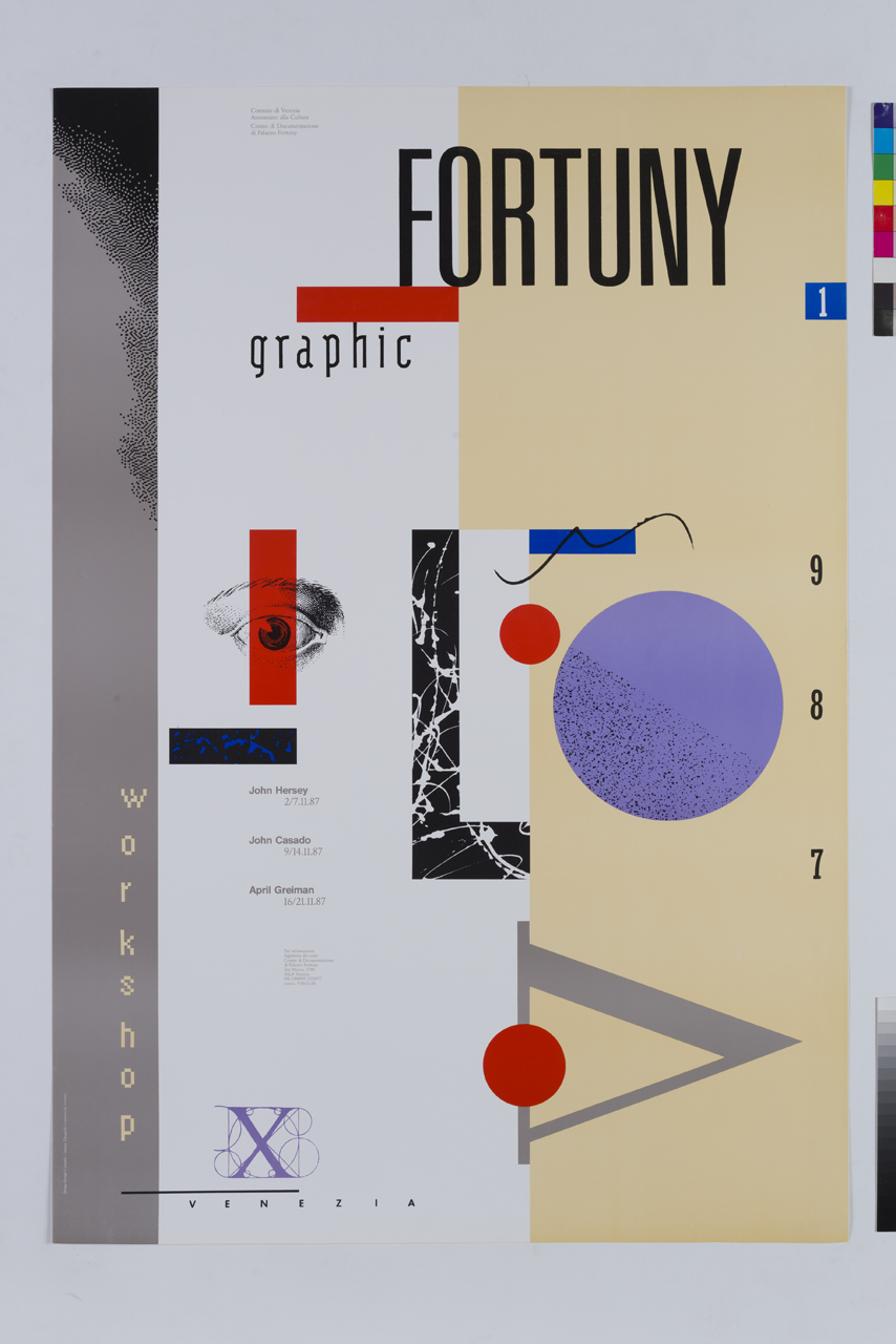 occhio lettere e forme geometriche (manifesto) di Camuffo Giorgio (XX)