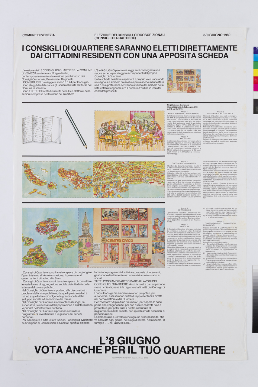 scheda elettorale e matita, cittadini al Consiglio di Quartiere e vedute panoramiche di Venezia e delle isole della Laguna (manifesto) di Ricca Pietro (XX)