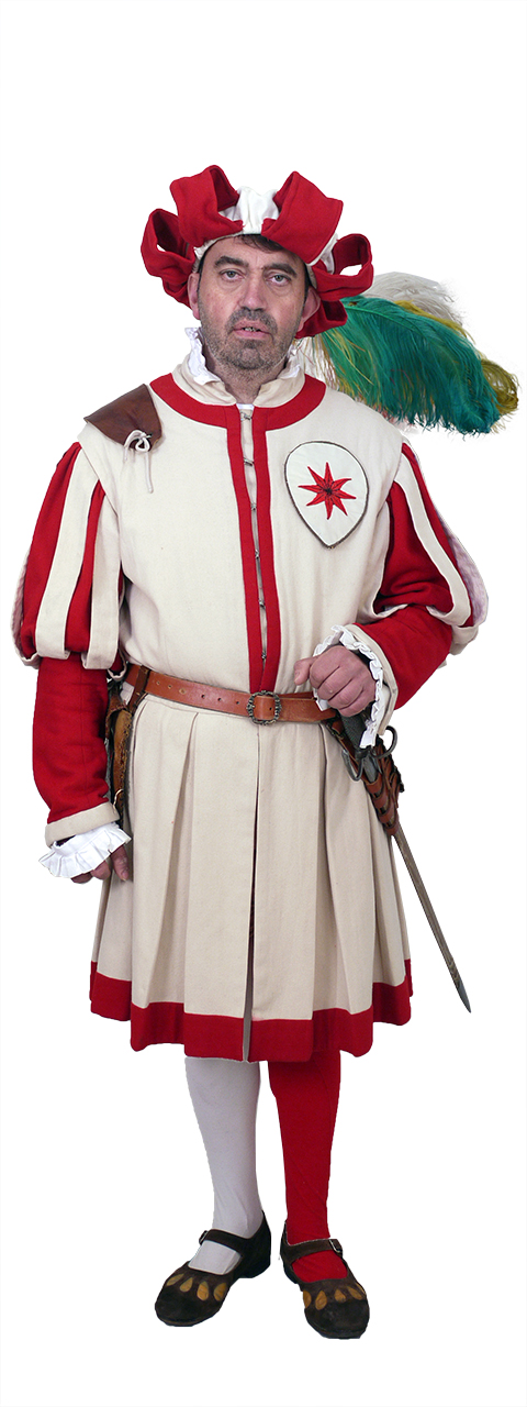 Bandieraio dell'Arte degli Albergatori (Costume maschile del Corteo Storico della Repubblica Fiorentina/ Bandieraio dell'Arte degli Albergatori, Costume confezionato per fini di rievocazione storica, ABBIGLIAMENTO E ORNAMENTI DEL CORPO/ VESTIMENTI) di Madame Flò (laboratorio)