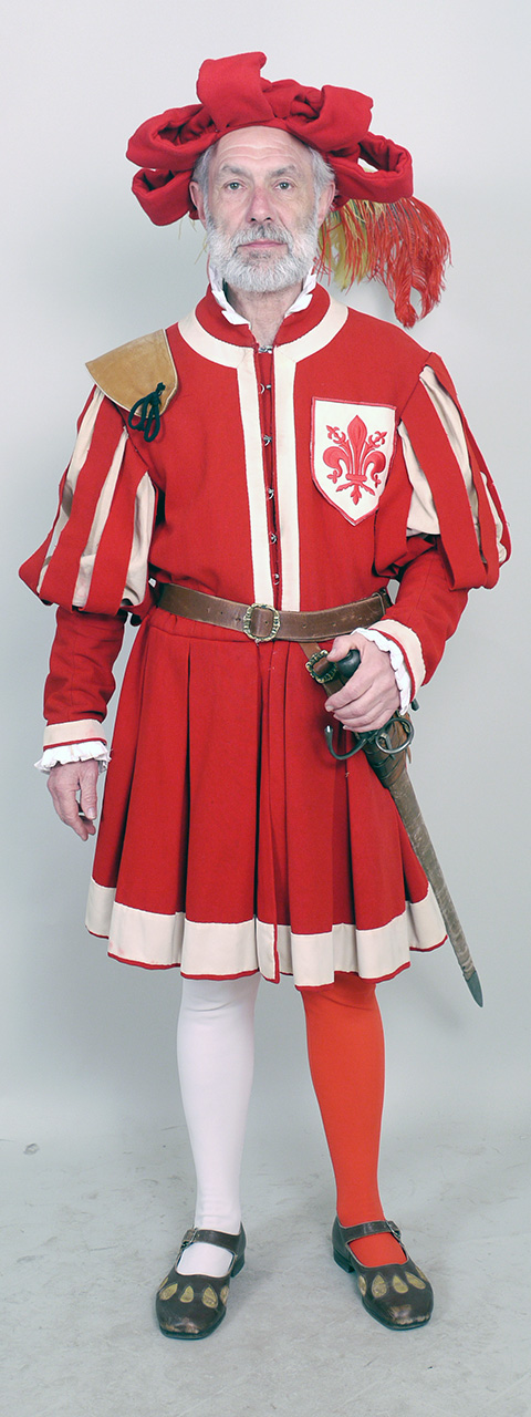 Bandieraio del Tribunale di Mercatanzia (Costume maschile del Corteo Storico della Repubblica Fiorentina del Calcio Storico/Bandieraio del Tribunale di Mercatanzia, Costume confezionato per fini di rievocazione storica, ABBIGLIAMENTO E ORNAMENTI DEL CORPO/ VESTIMENTI) - manifattura toscana