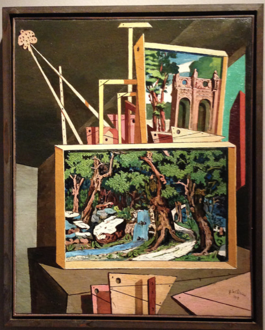 Interno metafisico, Interno metafisico con cascate e paesaggio, Natura morta metafisica (dipinto) di De Chirico Giorgio (primo quarto XIX)