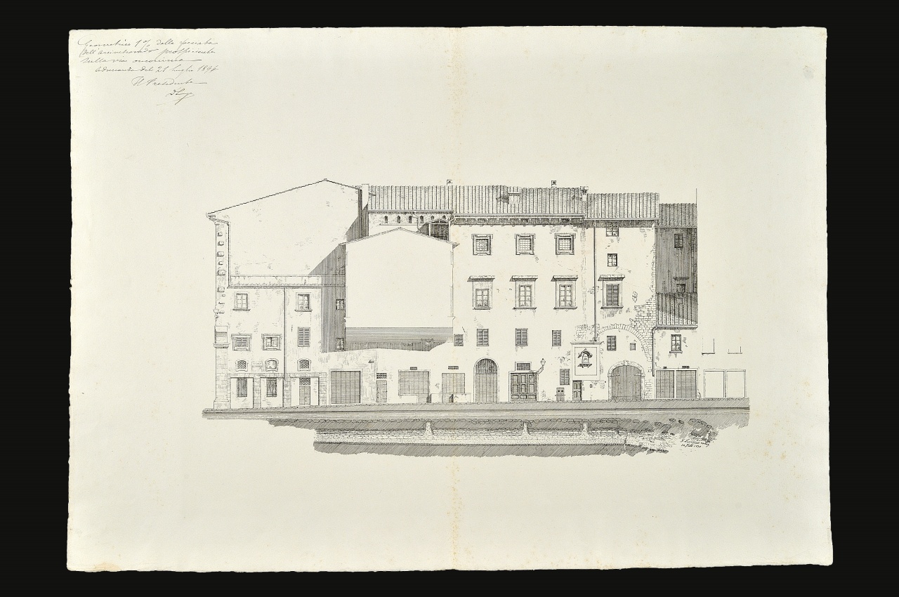 Rilievo di una facciata su via dell'arcivescovado con strada romana econdotta fognaria (stampa) di Lucarini Fabrizio (fine sec. XIX)