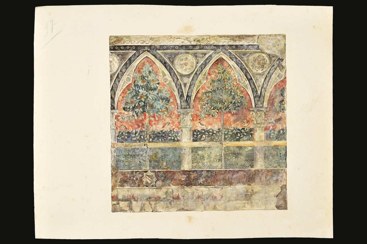 motivo decorativo ad archetti acuti trilobati e alberi (disegno) di Chini Galileo (fine sec. XIX)