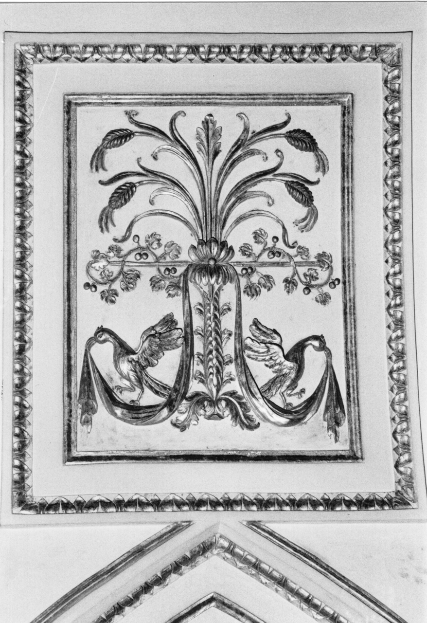 motivi decorativi fitomorfici/ a rosoni/ a colombi/ emblema Mariano (decorazione, elemento d'insieme) - ambito siciliano (terzo quarto XVIII)